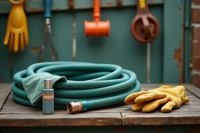 Tuyau d'arrosage extensible enroulé sur un banc en bois avec accessoires d'entretien et gants de jardinage
