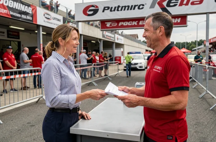 Femme achetant son billet au guichet de l'entrée du circuit du Bol d'Or
