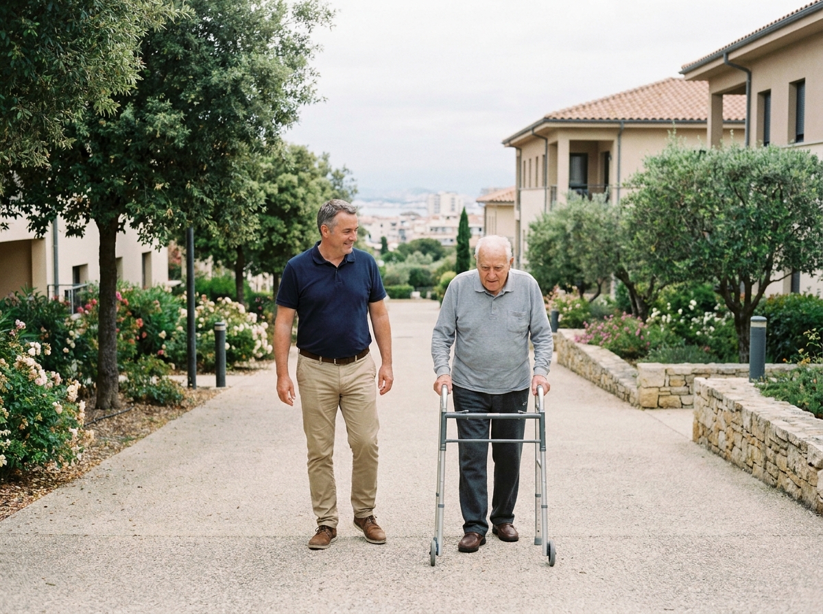 Aide soignant aidant un homme age avec un marcheur en plein air