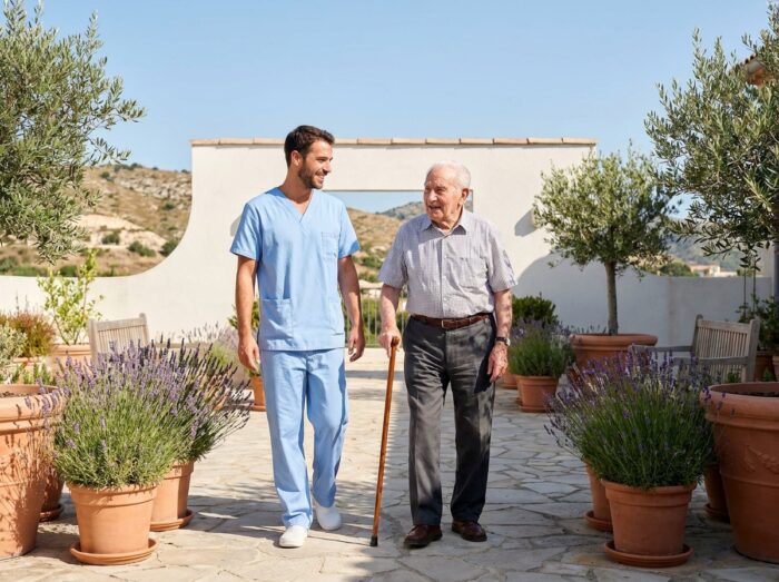 Aide-soignant accompagnant un résident âgé dans le jardin d'une maison de retraite à Marseille par une journée ensoleillée