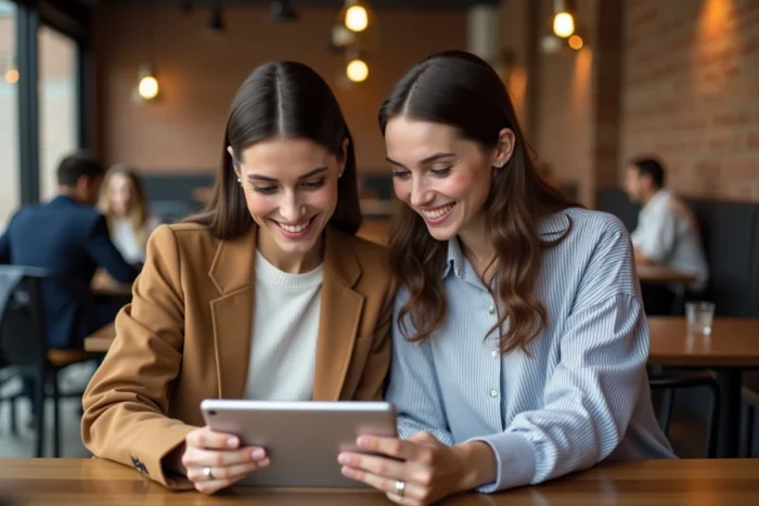 Deux amies comparant des dupes de vêtements Zara sur Shein dans un café branché