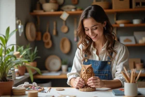 Jeune femme peignant une chouette en bois dans son atelier