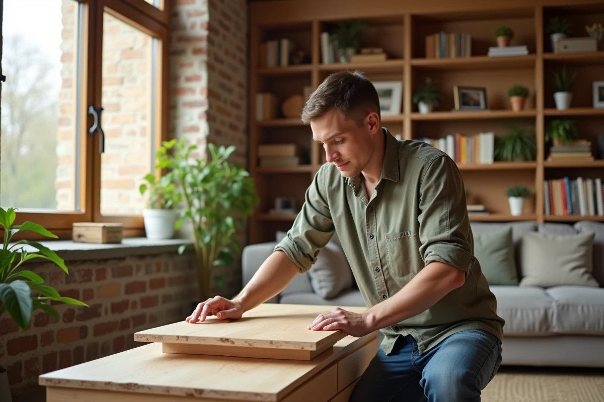 Jeune homme assemblant une étagère en bois recyclé