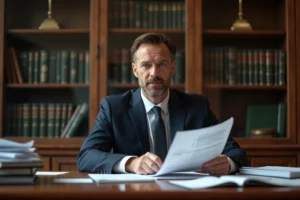 Avocat en droit des affaires examinant des documents financiers lors d'une procédure de liquidation judiciaire