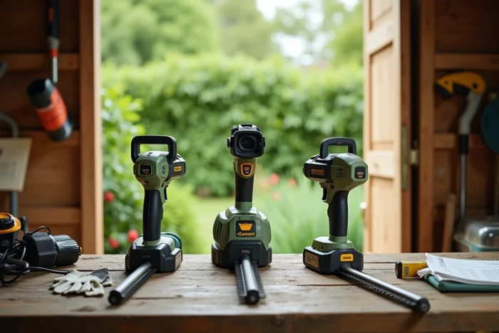 Comparaison de trois modèles de taille-haies électriques posés sur un établi en bois dans un atelier de jardin