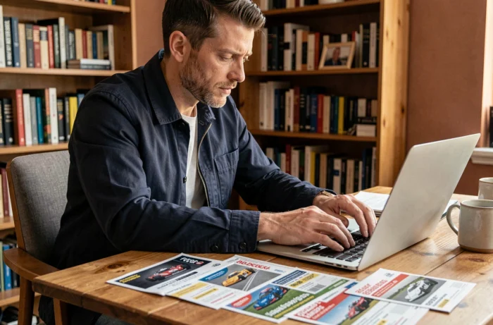 Homme comparant les billets et formules du Bol d'Or 2026 sur un bureau avec un ordinateur portable