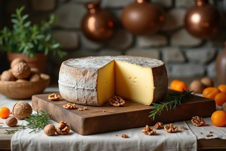 Comparaison d'une meule de Comté et d'un morceau de Cantal posés sur une planche en bois rustique avec noix et thym frais dans une cuisine de ferme française