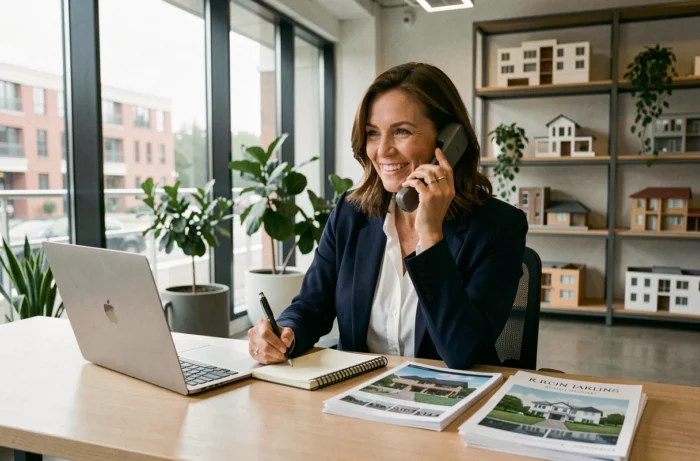 Conseillère immobilière professionnelle contactant un client par téléphone dans une agence immobilière moderne