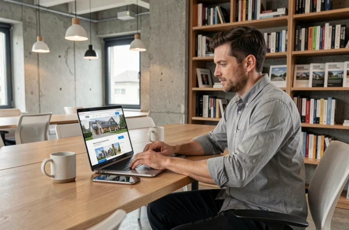 Homme contactant une équipe immobilière en ligne via un ordinateur portable dans un espace de travail moderne