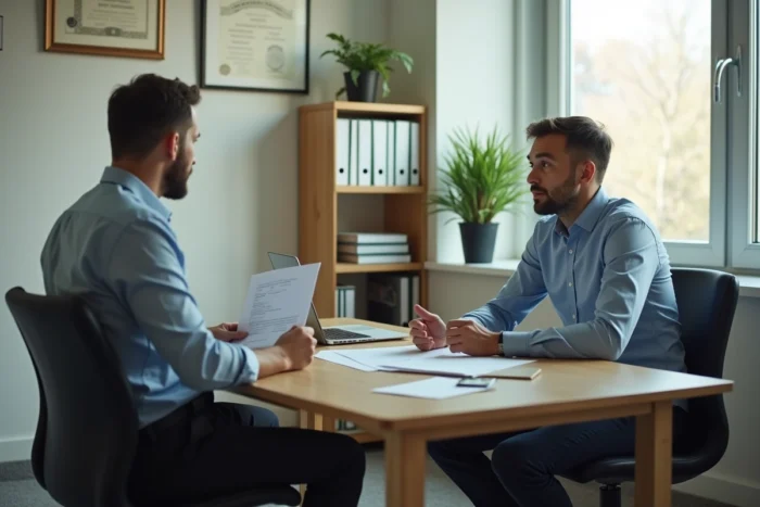 Enseignant du privé en réunion avec un directeur administratif pour discuter d'un contrat de travail dans une école confessionnelle