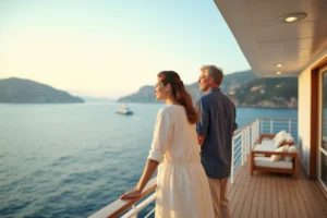 Couple élégant profitant du balcon privé d'une suite Costa Croisières avec vue panoramique sur la Méditerranée