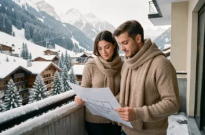 Couple en train de choisir un appartement en location aux Menuires Croisette avec vue sur les pistes enneigées