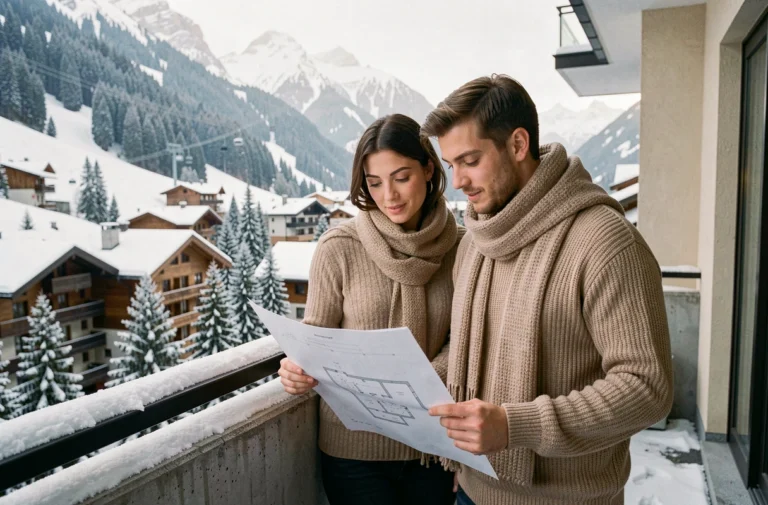Couple en train de choisir un appartement en location aux Menuires Croisette avec vue sur les pistes enneigées