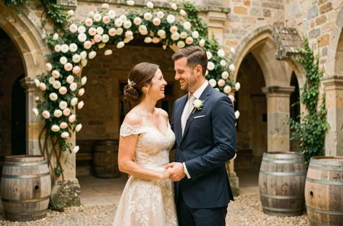 Couple de mariés souriant dans une cour de château en pierre ornée de roses blanches et roses pour un mariage élégant et personnalisé