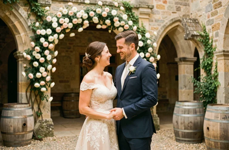 Couple de mariés souriant dans une cour de château en pierre ornée de roses blanches et roses pour un mariage élégant et personnalisé