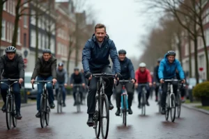 Cyclistes néerlandais circulant en masse dans une rue pavée d'Amsterdam le long d'un canal, illustrant la densité du trafic vélo aux Pays-Bas
