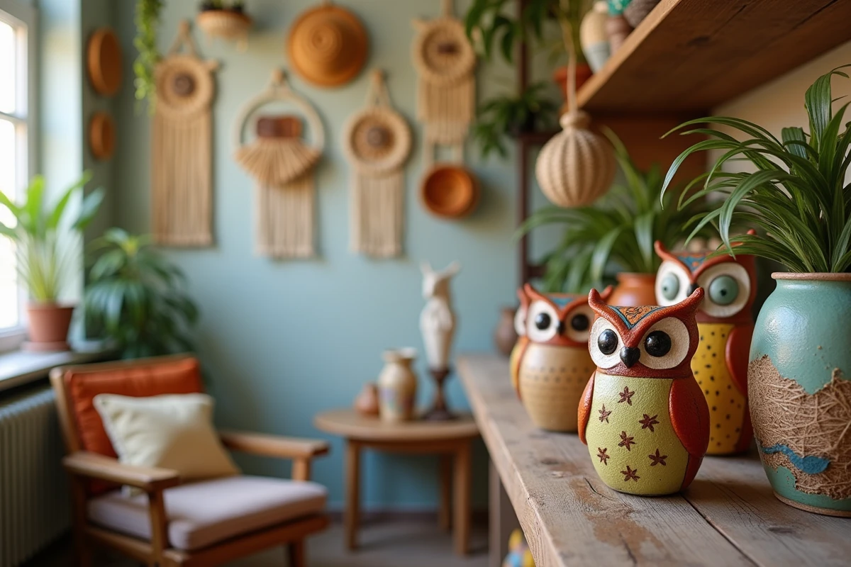 Espace de vie avec décorations artisanales et chouettes colorées