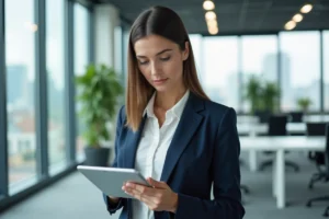 Professionnelle diplômée d'un master MOSS travaillant dans un bureau moderne, illustrant les débouchés professionnels en management des organisations
