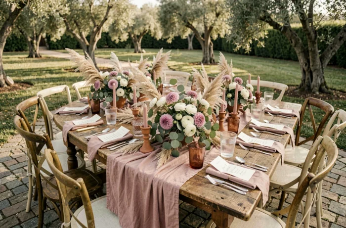 Décoration de table de mariage en plein air avec des fleurs naturelles, des bougies en terre cuite et une vaisselle vintage élégante