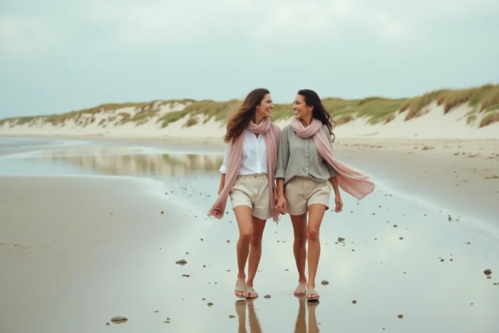 Deux amies marchant et riant ensemble sur une plage atlantique à marée basse, tenues décontractées, attitude libre et naturelle en bord de mer