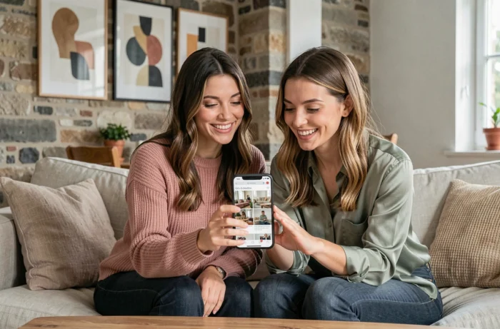 Deux amies découvrant ensemble les nouveautés du site Mademoiselle C sur un smartphone dans un salon parisien moderne et élégant