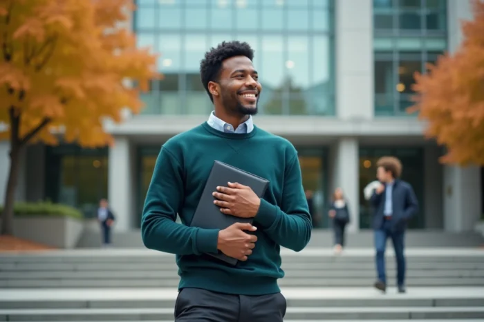 Jeune diplômé d'un master MOSS tenant son diplôme devant un bâtiment universitaire, symbolisant les perspectives professionnelles après cette formation