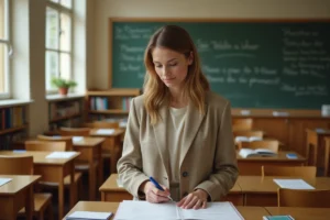 Enseignante dans une école privée examinant des documents devant un tableau noir, illustration du statut professionnel des professeurs du privé