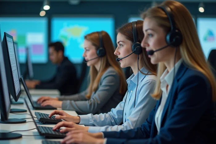 Équipe de service client en centre d'appels gérant simultanément des appels et messages professionnels avec casques audio