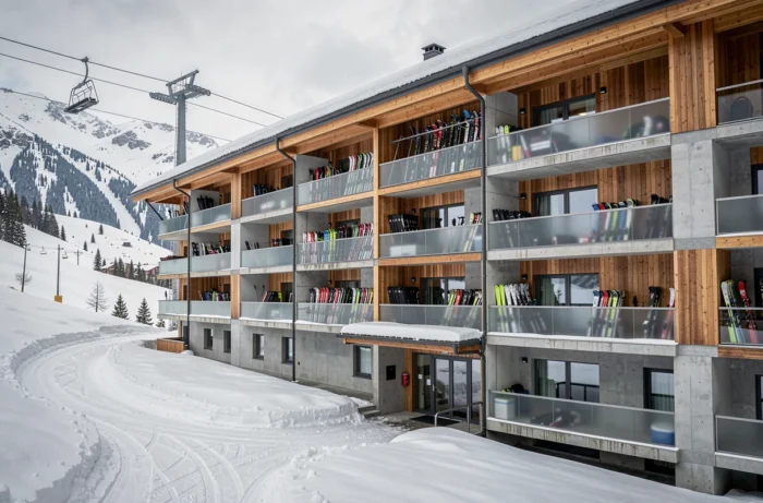 Façade d'un immeuble de location d'appartements aux Menuires Croisette entouré de neige fraîche et de remontées mécaniques