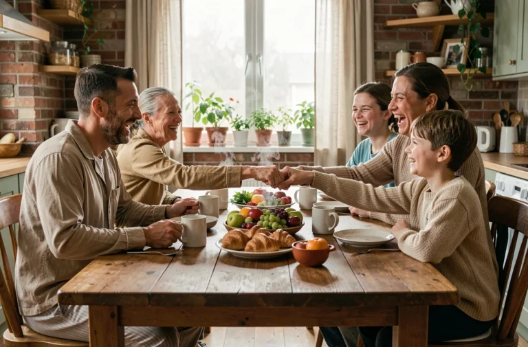 Famille réunie autour d'un petit-déjeuner maison le dimanche matin dans une cuisine chaleureuse aux murs en brique