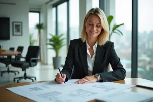 Femme d'affaires en réunion immobiliere dans un bureau lumineux