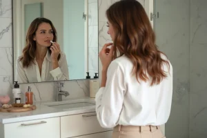 Femme appliquant un baume à lèvres dans la salle de bain