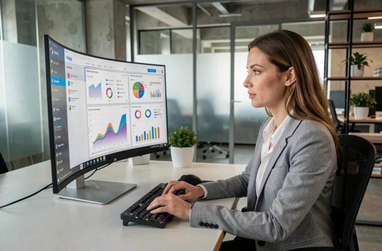 Femme professionnelle analysant des données numériques sur un écran courbe dans un bureau moderne en 2024