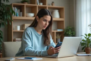 Femme concentrée utilisant son ordinateur et smartphone à son bureau