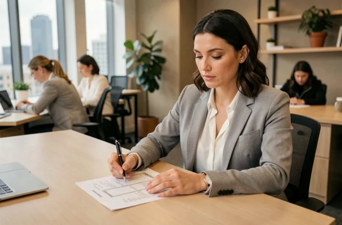 Femme professionnelle calculant ses heures de travail sur un planning imprimé dans un bureau moderne