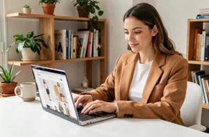 Jeune femme élégante consultant les nouveautés du site Mademoiselle C sur son ordinateur portable dans un bureau parisien lumineux