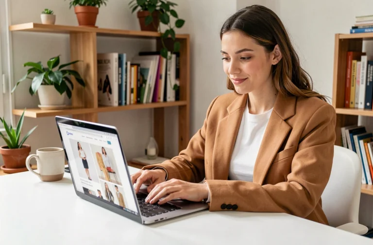 Jeune femme élégante consultant les nouveautés du site Mademoiselle C sur son ordinateur portable dans un bureau parisien lumineux