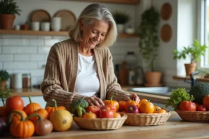 Femme en cardigan trie fruits et légumes dans la cuisine