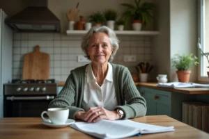 Femme d age moyen dans sa cuisine modeste et chaleureuse