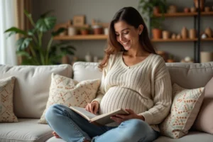Femme enceinte lisant un livre pour bébé dans un salon chaleureux