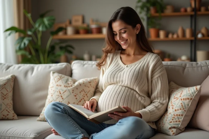 Femme enceinte lisant un livre pour bébé dans un salon chaleureux