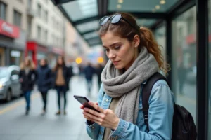 Femme consultant un itinéraire de bus sur son smartphone à un arrêt de bus en ville