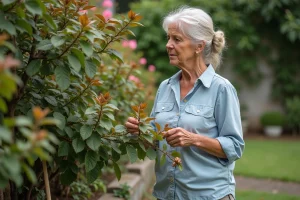 Femme inspectant un rosier laurier dans son jardin