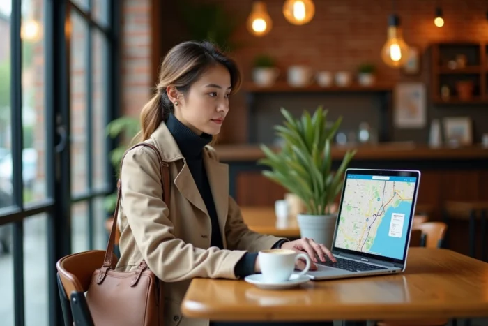 Femme planifiant un itinéraire de bus sur ordinateur dans un café avec Mappy