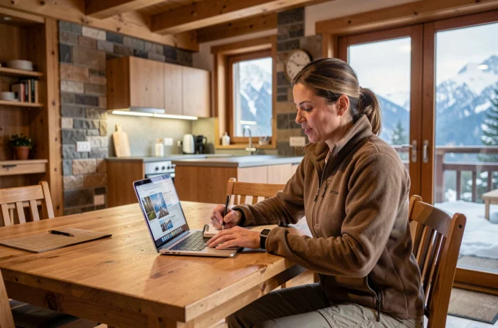 Femme consultant des annonces de location d'appartements aux Menuires Croisette depuis l'intérieur d'un chalet alpin