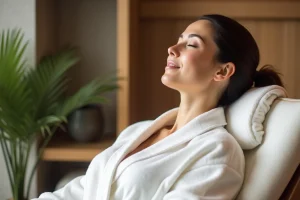 Femme détendue en spa avec robe blanche et ambiance naturelle