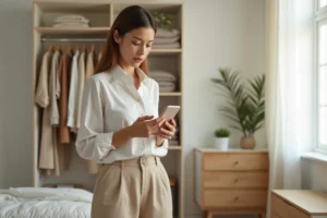 Jeune femme comparant des vêtements tendance sur une application de shopping en ligne depuis sa chambre