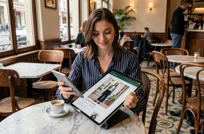 Femme chic parcourant les actualités du site Mademoiselle C sur une tablette dans un café parisien au décor authentique