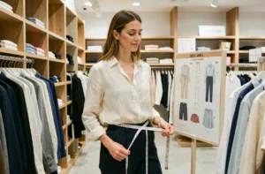Femme portant une blouse taille L dans un magasin de vêtements, tenant un mètre ruban autour de la taille devant un guide des tailles