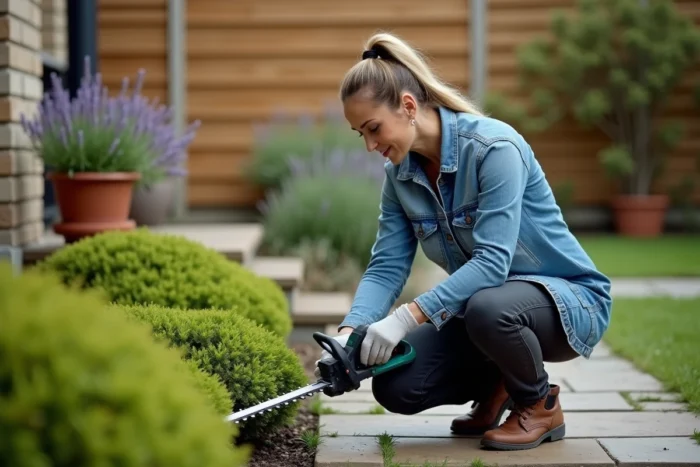 Femme examinant la lame d'un taille-haie électrique sans fil dans un jardin résidentiel avec des pots de lavande